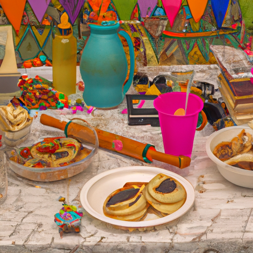 תמונה של שולחן סעודה חגיגי לפרוס אוכל, קישוטים ובני משפחה.