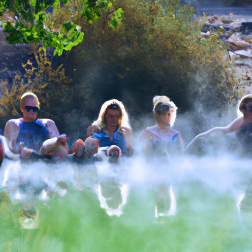 תמונה שלווה של קבוצת חברים נהנית מטבילה מרגיעה במעיין חם טבעי מבודד.